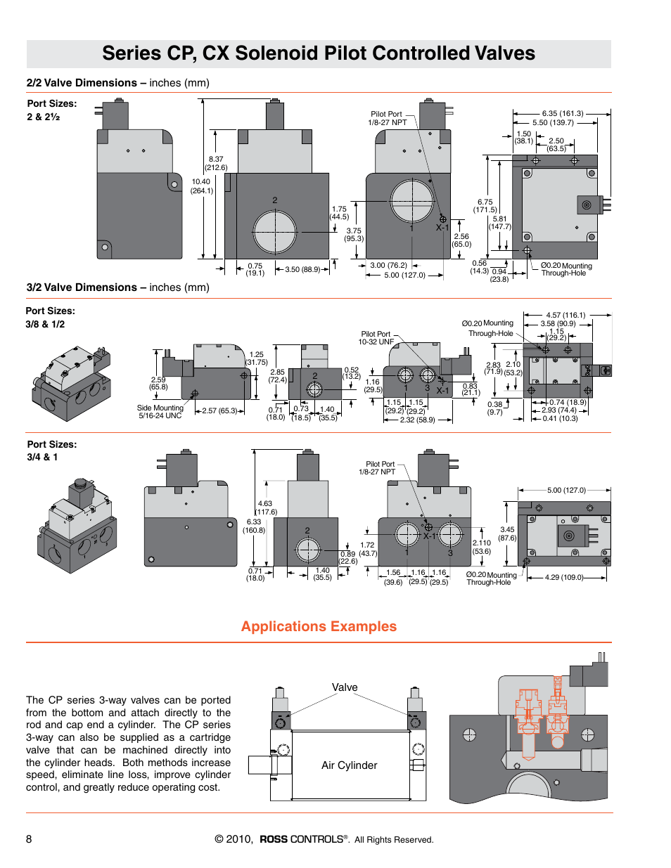 Series cp, cx solenoid pilot controlled valves, Applications examples, 3/2 valve dimensions – inches (mm) | 2/2 valve dimensions – inches (mm), Air cylinder valve | Ross Controls MODULAR GENERAL PURPOSE SERIES CP User Manual | Page 3 / 3