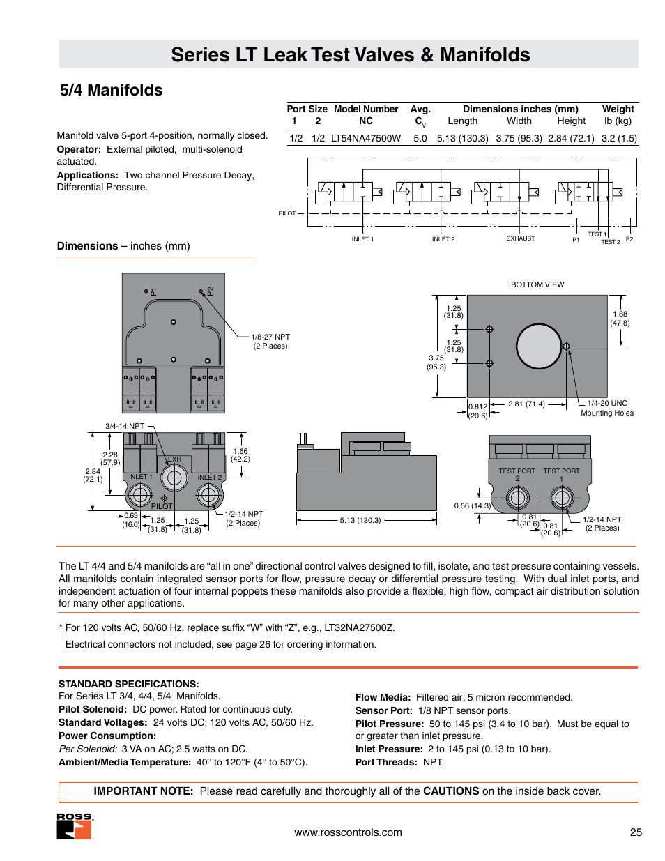 Series lt leak test valves & manifolds, 5/4 manifolds, Dimensions – inches (mm) | Ross Controls PRECONFIGURED LEAK TEST MANIFOLDS SERIES LT User Manual | Page 2 / 3