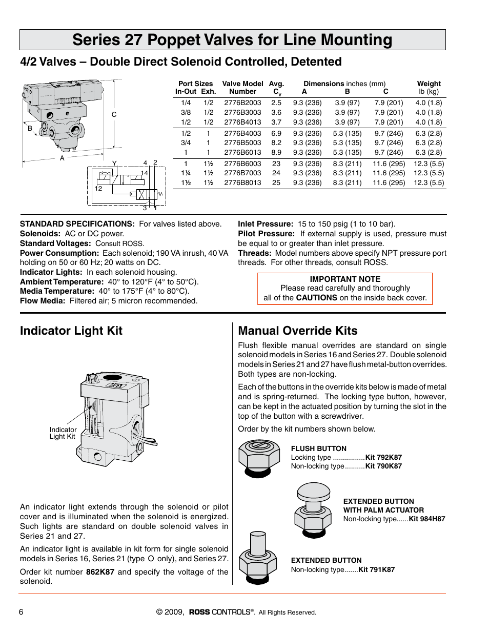 Series 27 poppet valves for line mounting, Indicator light kit manual override kits | Ross Controls GENERAL PURPOSE SERIES 27 User Manual | Page 3 / 3