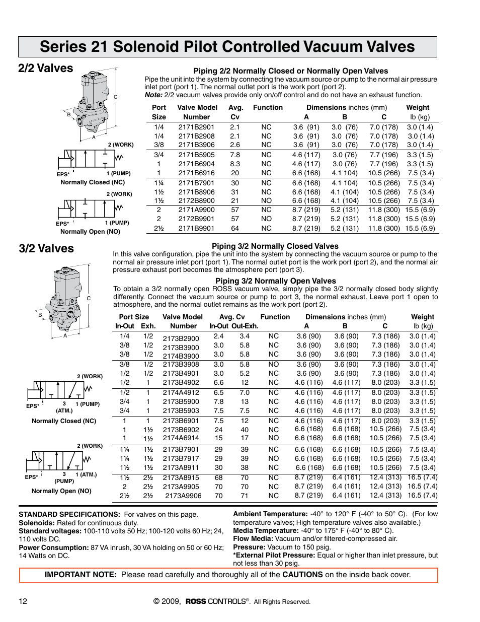Series 21 solenoid pilot controlled vacuum valves, 2/2 valves, 3/2 valves | Ross Controls LOW TEMPERATURE SERIES 21 User Manual | Page 4 / 6