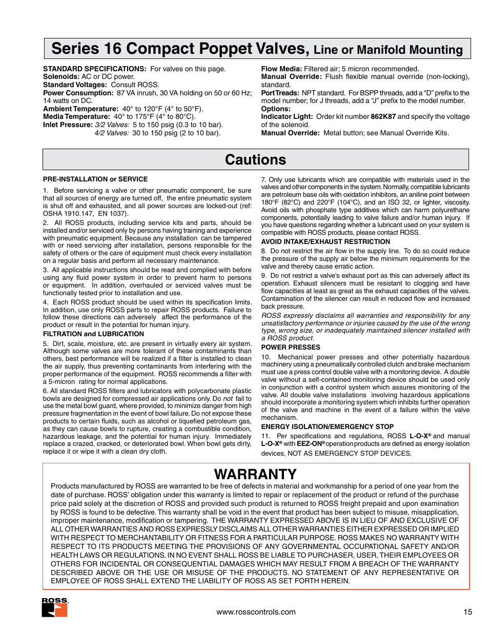 Series 16 compact poppet valves, Warranty, Cautions | Line or manifold mounting | Ross Controls COMPACT SERIES 16 User Manual | Page 2 / 2