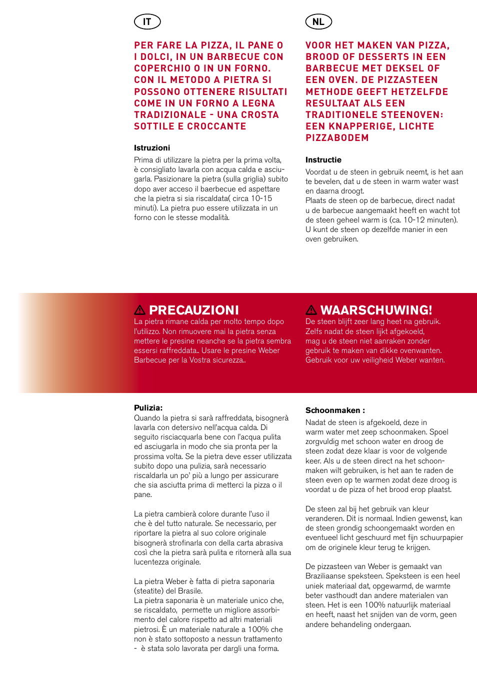 Precauzioni, Waarschuwing | weber Pizzastein rund & eckig User Manual | Page 4 / 8