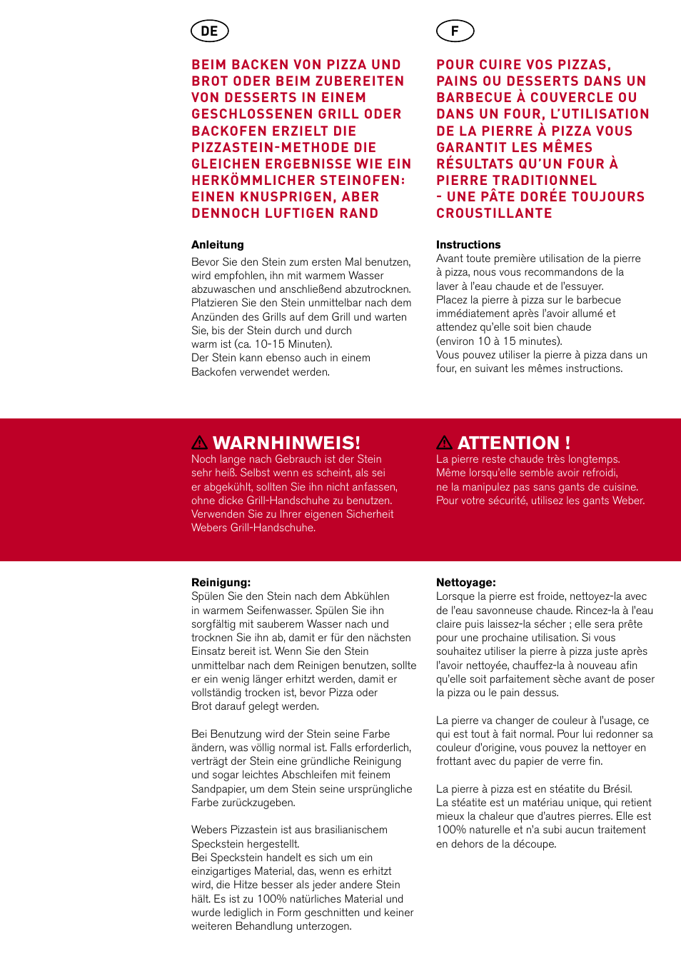 Warnhinweis, Attention | weber Pizzastein rund & eckig User Manual | Page 5 / 8