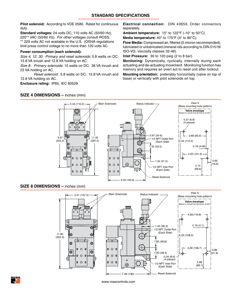 Size 4 dimensions, Size 8 dimensions, Standard specifications | Inches (mm) | Ross Controls CATEGORY 4 - 3_2 VALVES SERIES DM2 C, E User Manual | Page 12 / 17