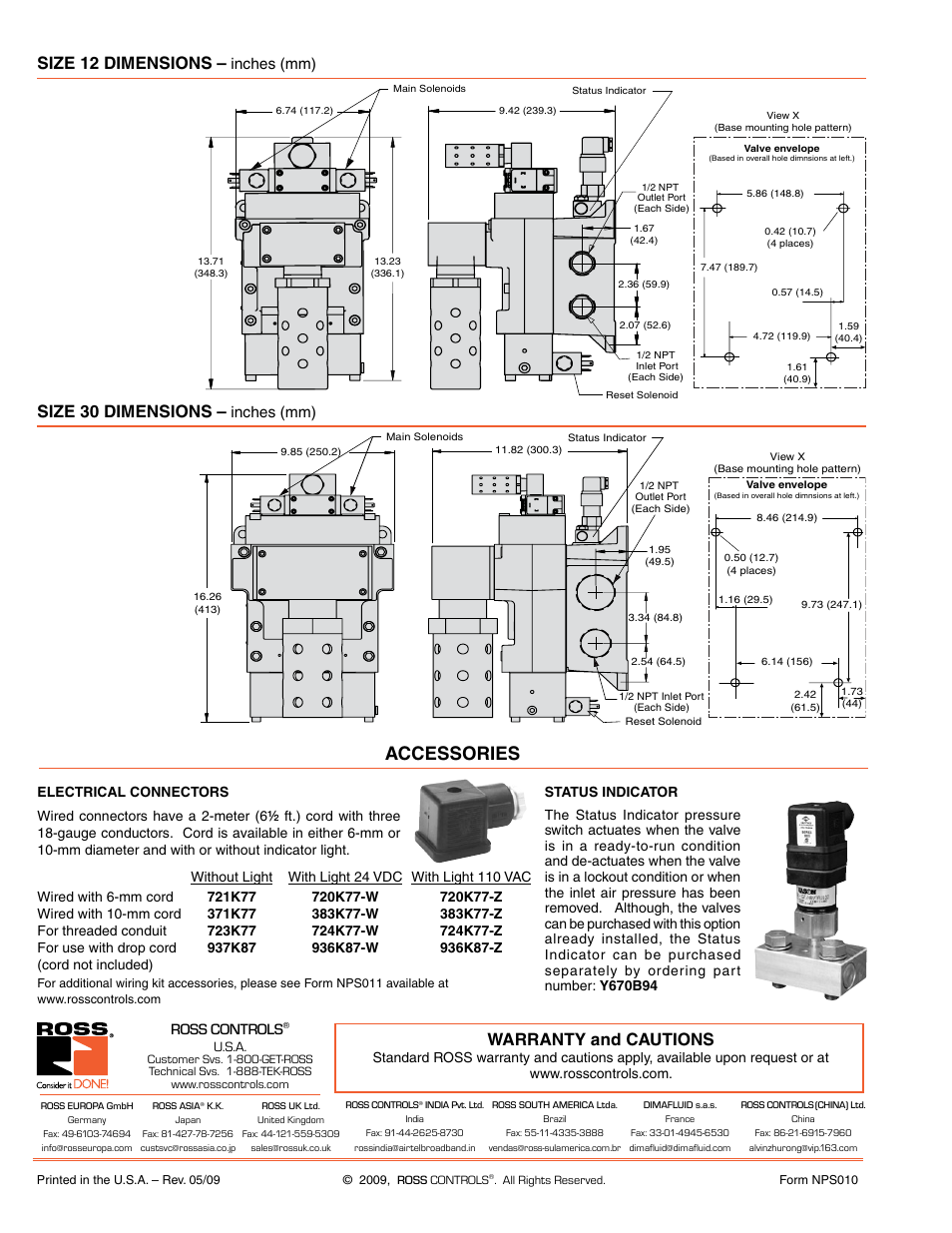 Accessories, Size 12 dimensions, Size 30 dimensions | Warranty and cautions, Inches (mm), Ross controls | Ross Controls CATEGORY 4 - 3_2 VALVES SERIES DM2 C, E User Manual | Page 13 / 17