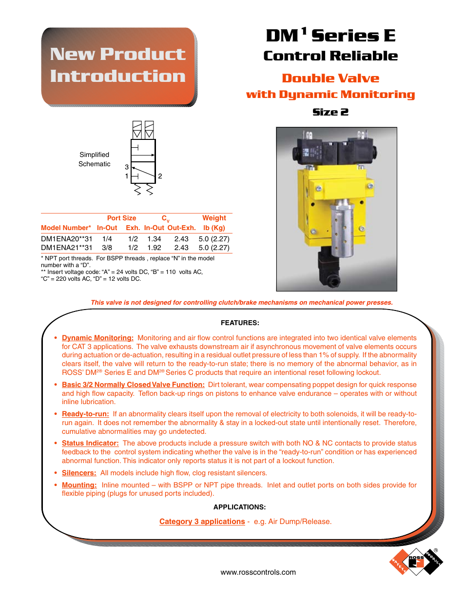 Series e, New product introduction, Control reliable | Double valve, With dynamic monitoring, Size 2 | Ross Controls CATEGORY 4 - 3_2 VALVES SERIES DM2 C, E User Manual | Page 2 / 17