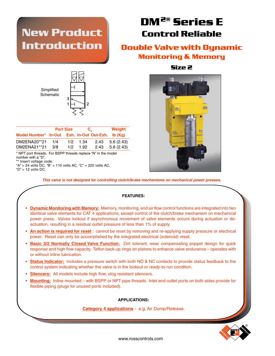 New product introduction, Series e, Control reliable | Double valve with dynamic, Size 2 | Ross Controls CATEGORY 4 - 3_2 VALVES SERIES DM2 C, E User Manual | Page 6 / 17