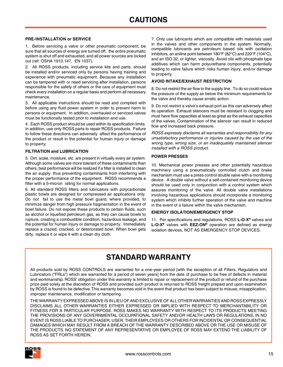 Cautions, warranty, Cautions, Standard warranty | Ross Controls 3_2 VALVES SERIES DM2 D User Manual | Page 15 / 16