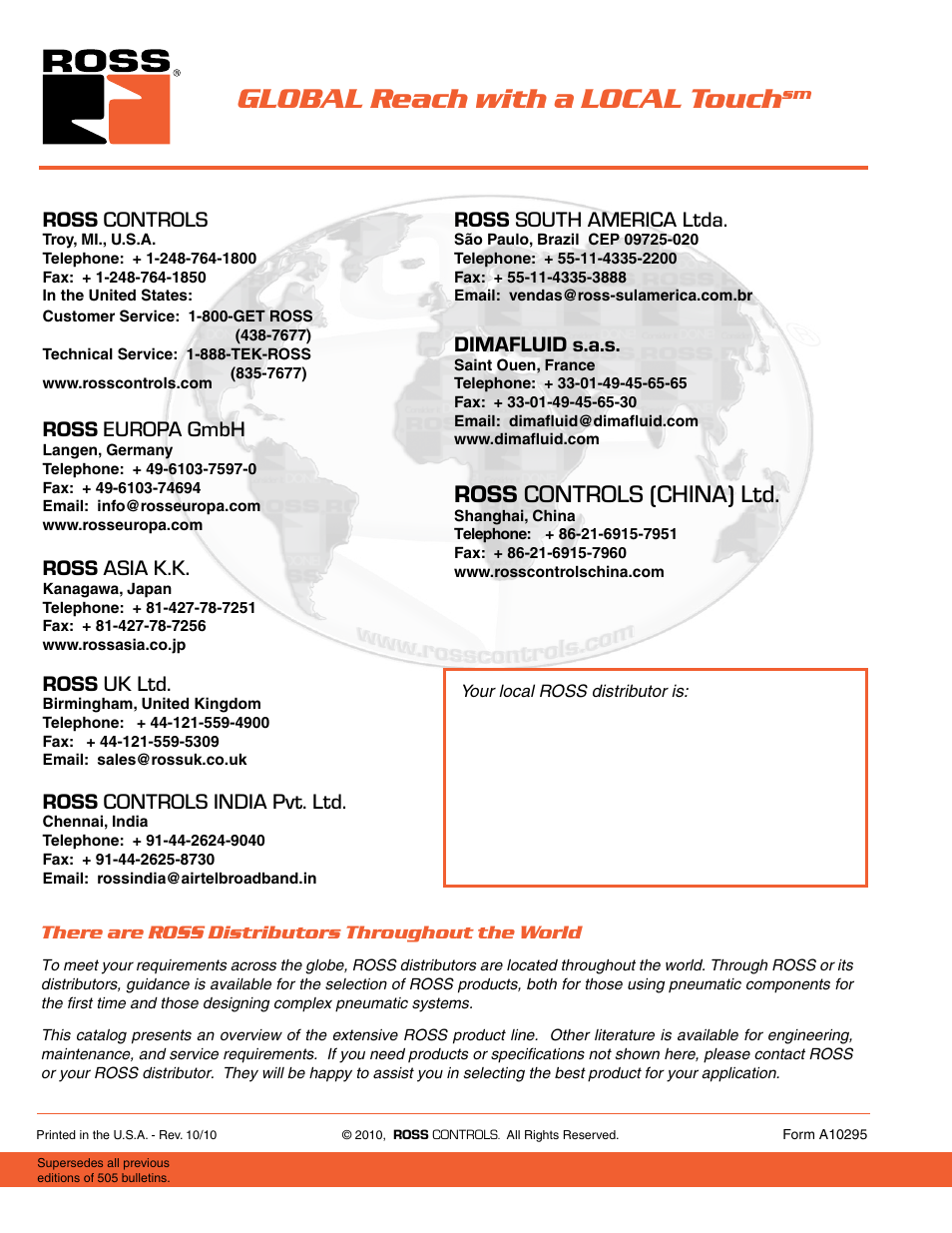 Global contact, Global reach with a local touch, Ross controls (china) ltd | Ross controls, Ross europa gmbh, Ross asia k.k, Ross uk ltd, Ross controls india pvt. ltd, Ross south america ltda, Dimafluid s.a.s | Ross Controls 3_2 VALVES SERIES DM2 D User Manual | Page 16 / 16