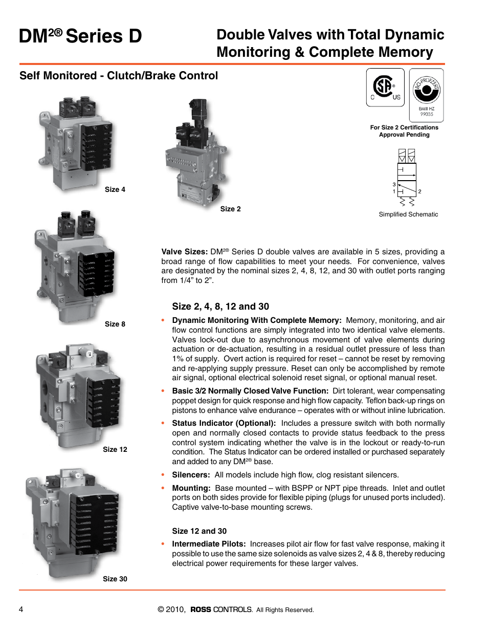 Dm2 series d double valves size 2, 4, 8, 12, 30, Series d, Self monitored - clutch/brake control | Ross Controls 3_2 VALVES SERIES DM2 D User Manual | Page 4 / 16