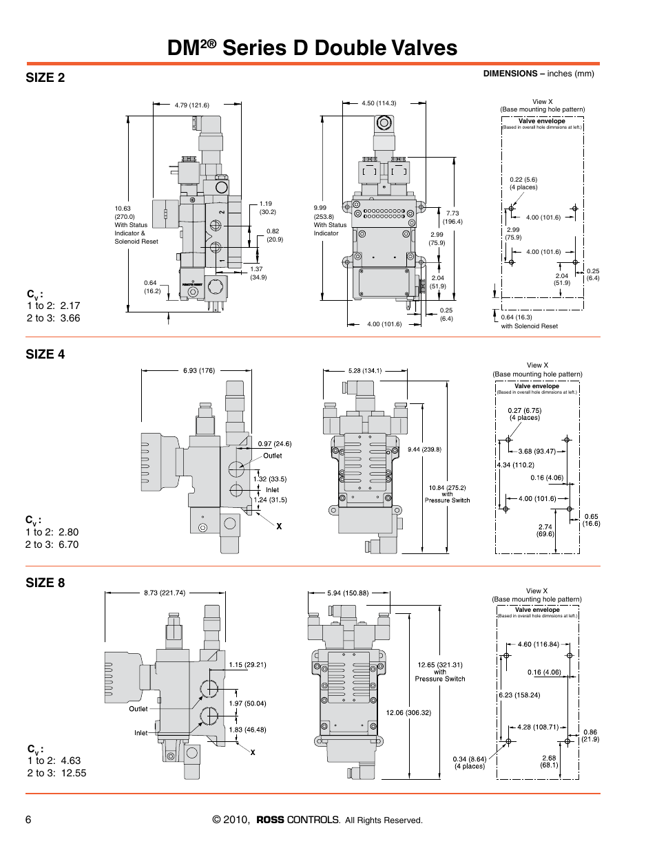 Dimensions size 2, 4, 8, Series d double valves, Size 8 size 4 | Size 2 | Ross Controls 3_2 VALVES SERIES DM2 D User Manual | Page 6 / 16