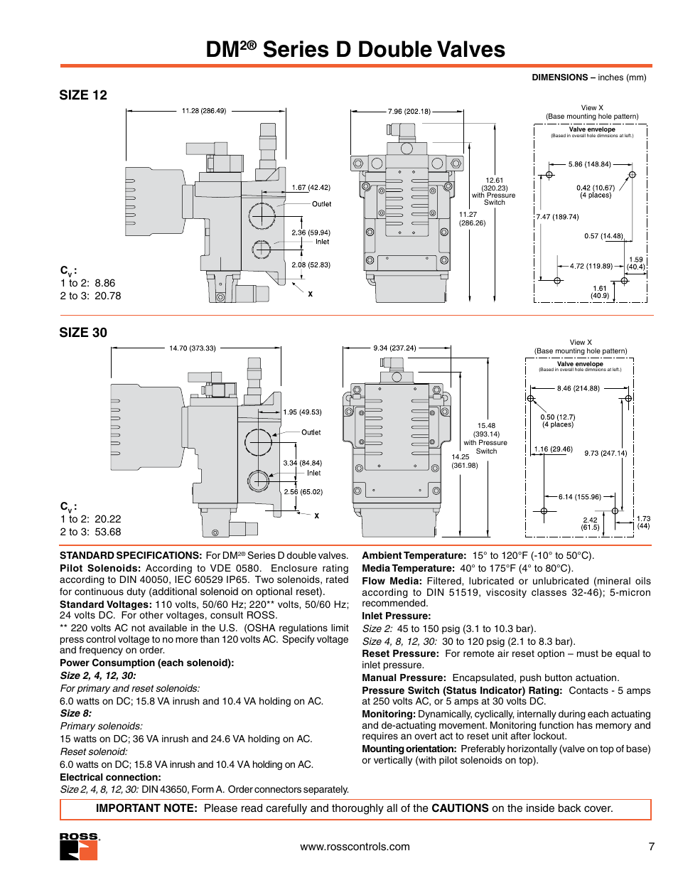 Dimensions size 12, 30, Standard specifications, Series d double valves | Size 30 size 12 | Ross Controls 3_2 VALVES SERIES DM2 D User Manual | Page 7 / 16