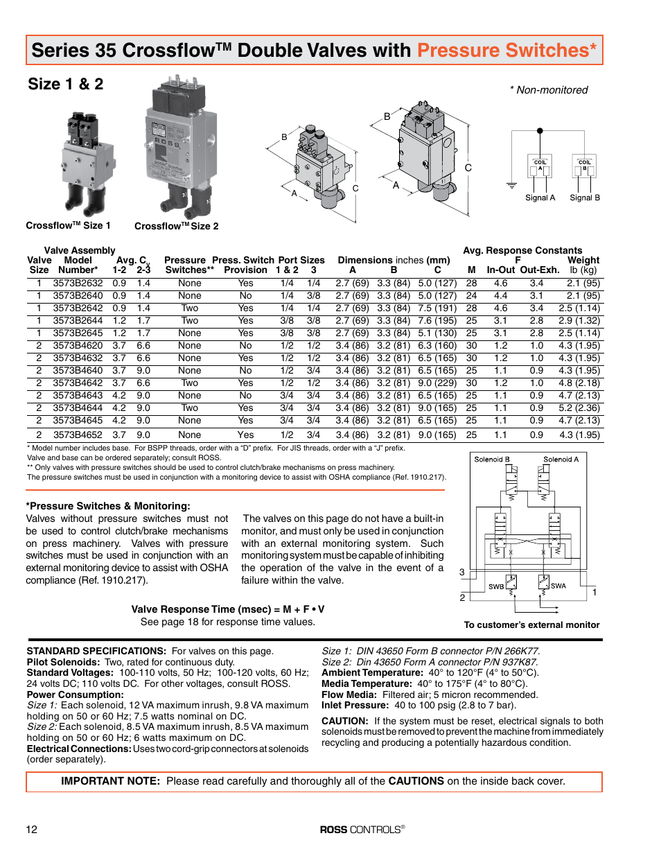 Series 35 crossflow, Double valves with pressure switches, Size 1 & 2 | Ross Controls SERPAR AND CROSSFLOW DOUBLE VALVES SERIES 35 User Manual | Page 12 / 22
