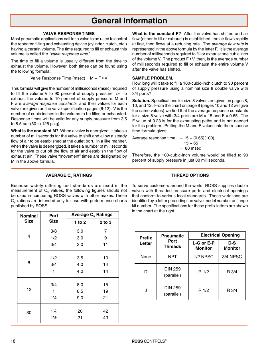 Valve response time and cv ratings, General information | Ross Controls SERPAR AND CROSSFLOW DOUBLE VALVES SERIES 35 User Manual | Page 18 / 22