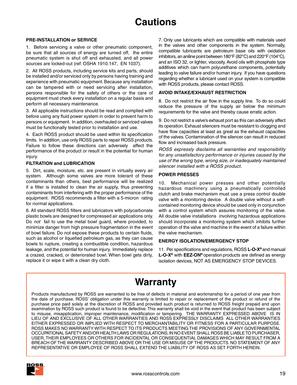 Cautions, warranty, Cautions, Warranty | Ross Controls SERPAR AND CROSSFLOW DOUBLE VALVES SERIES 35 User Manual | Page 19 / 22