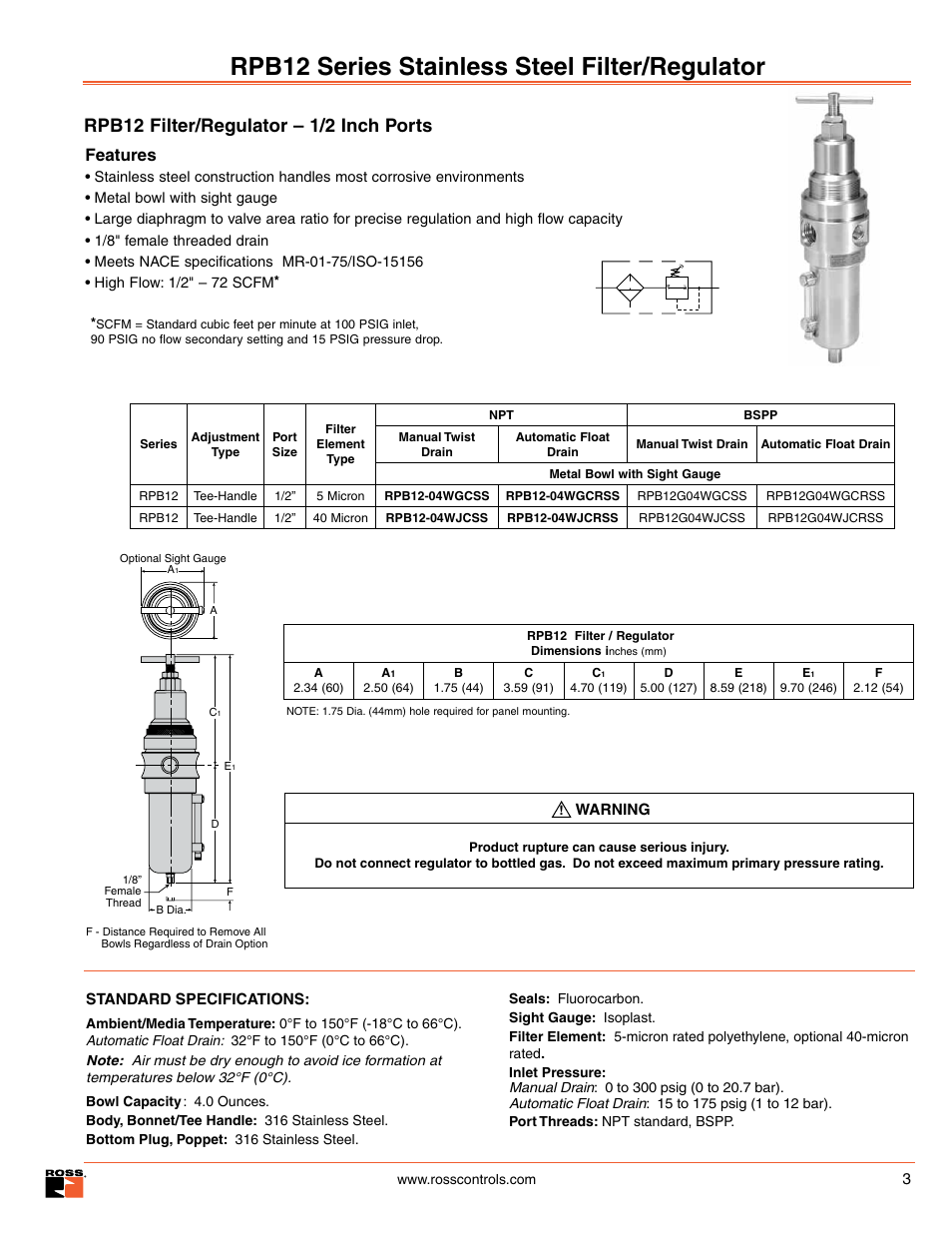 Rpb12 series stainless steel filter/regulator, Rpb12 filter/regulator – 1/2 inch ports, Features | Ross Controls STAINLESS STEEL SERIES 15 User Manual | Page 3 / 4