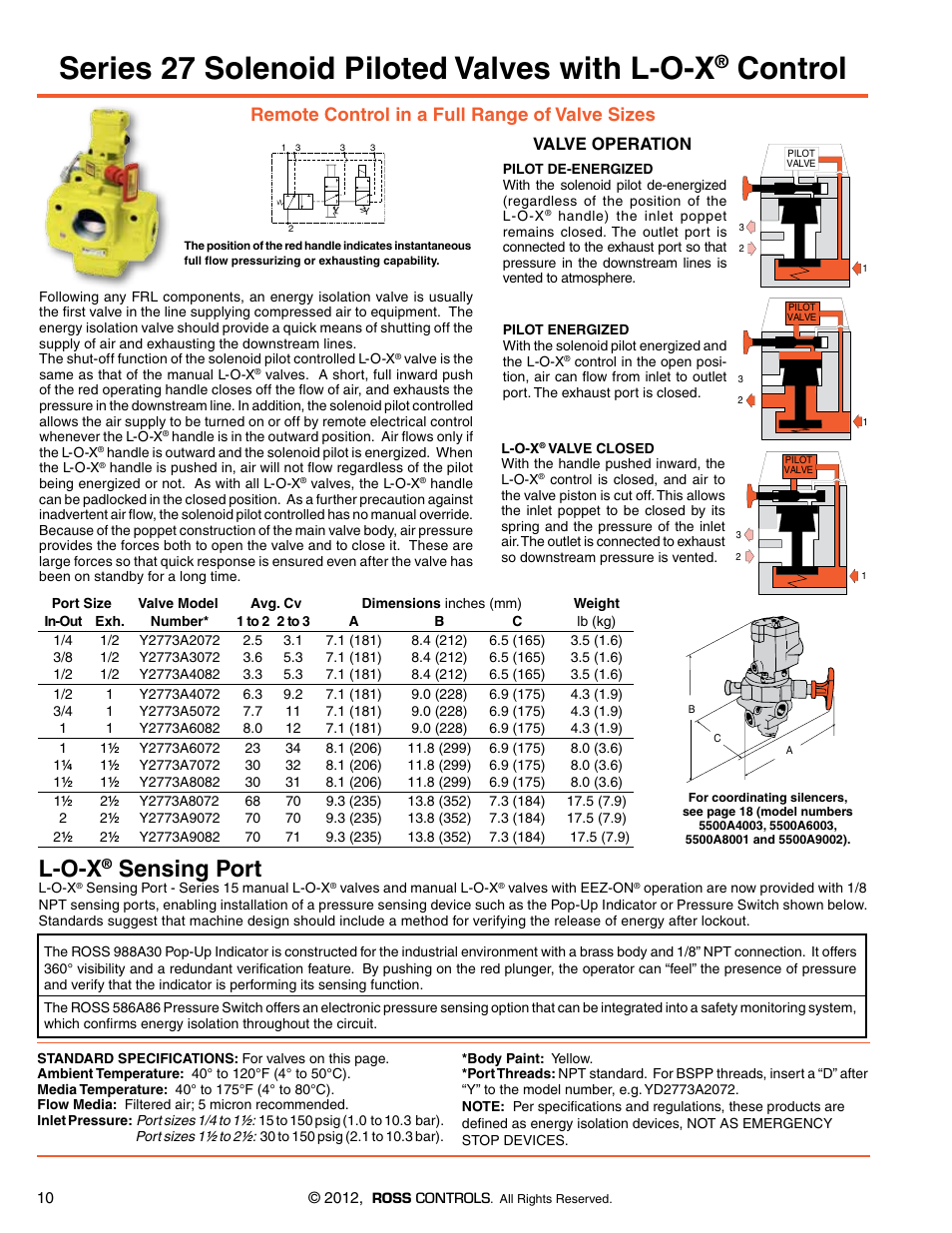 Series 27 solenoid piloted valves with l-o-x, Control, L-o-x | Sensing port, Remote control in a full range of valve sizes, Valve operation | Ross Controls RIGHT ANGLE User Manual | Page 10 / 20