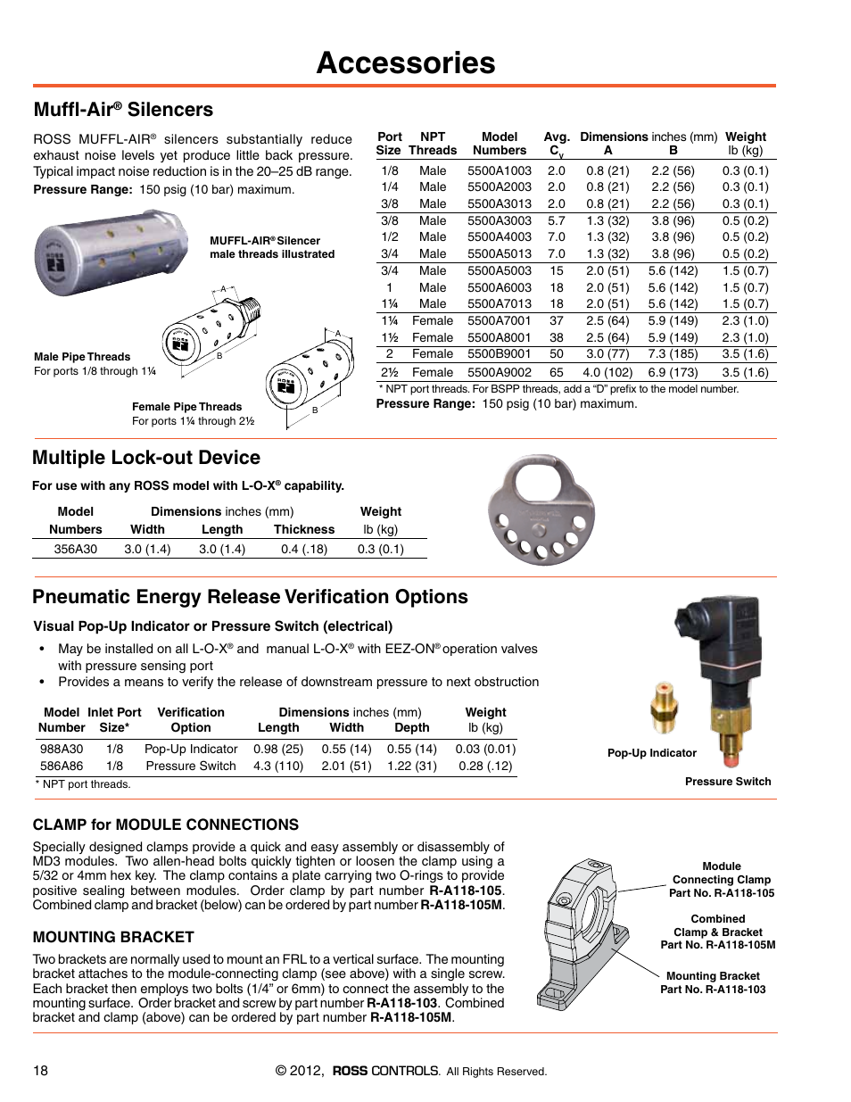 Accessories, Multiple lock-out device muffl-air, Silencers | Pneumatic energy release verification options | Ross Controls RIGHT ANGLE User Manual | Page 18 / 20