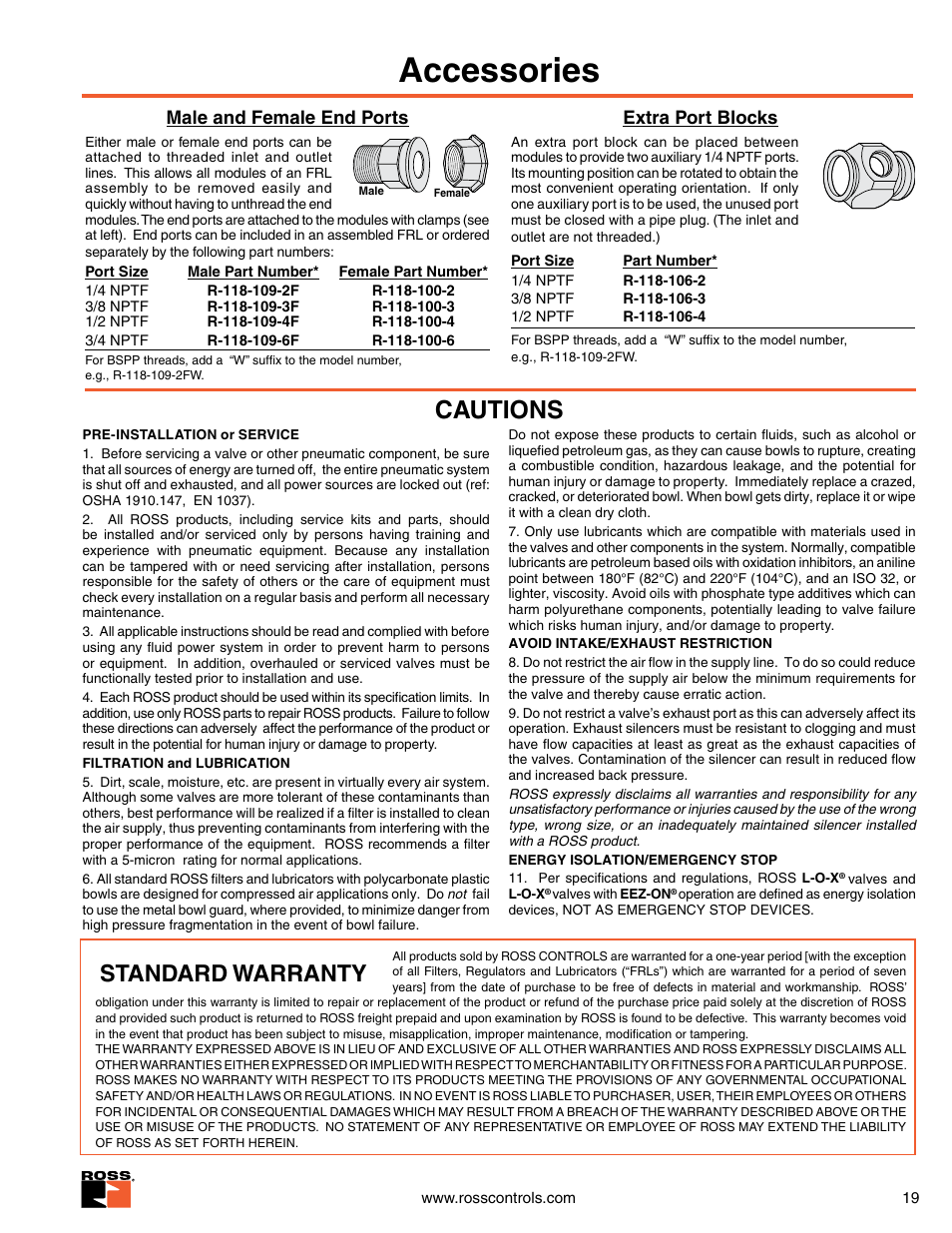 Cautions and warranty, Accessories, Cautions | Standard warranty, Extra port blocks, Male and female end ports | Ross Controls RIGHT ANGLE User Manual | Page 19 / 20