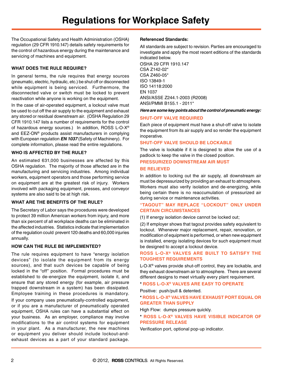 Regulations for workplace safety | Ross Controls RIGHT ANGLE User Manual | Page 2 / 20