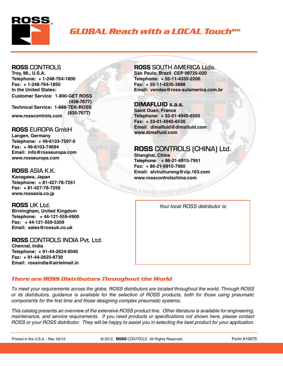 Global contact, Global reach with a local touch, Ross controls (china) ltd | Ross controls, Ross europa gmbh, Ross asia k.k, Ross uk ltd, Ross controls india pvt. ltd, Ross south america ltda, Dimafluid s.a.s | Ross Controls RIGHT ANGLE User Manual | Page 20 / 20