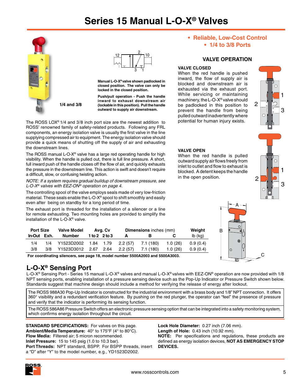 Series 15 manual l-o-x valves size 1/4 and 3/8, Series 15 manual l-o-x, Valves | L-o-x, Sensing port, Reliable, low-cost control • 1/4 to 3/8 ports | Ross Controls RIGHT ANGLE User Manual | Page 5 / 20