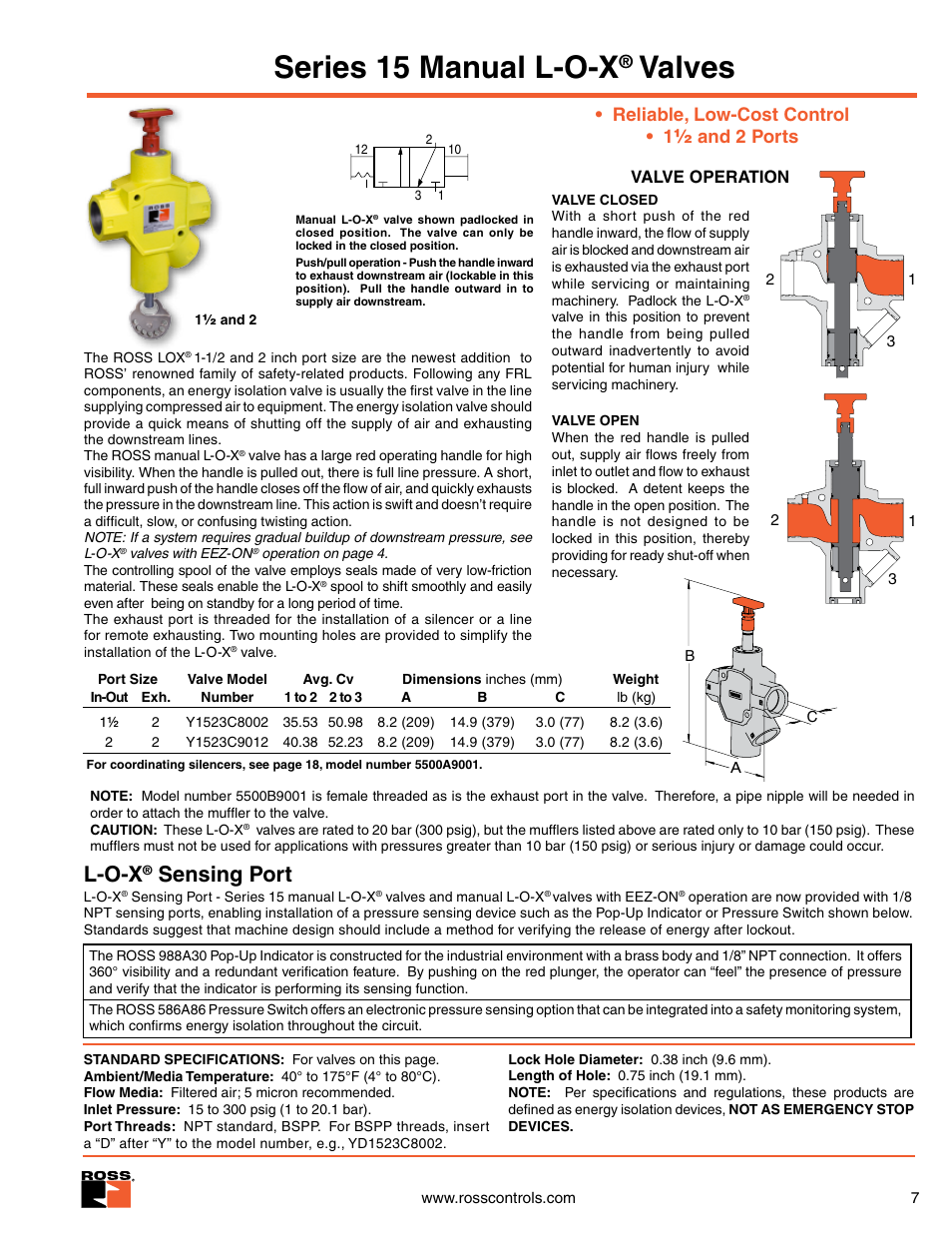 Series 15 manual l-o-x valves size 1-1/2 and 2, Series 15 manual l-o-x, Valves | L-o-x, Sensing port, Reliable, low-cost control • 1 1/2 and 2 ports | Ross Controls RIGHT ANGLE User Manual | Page 7 / 20