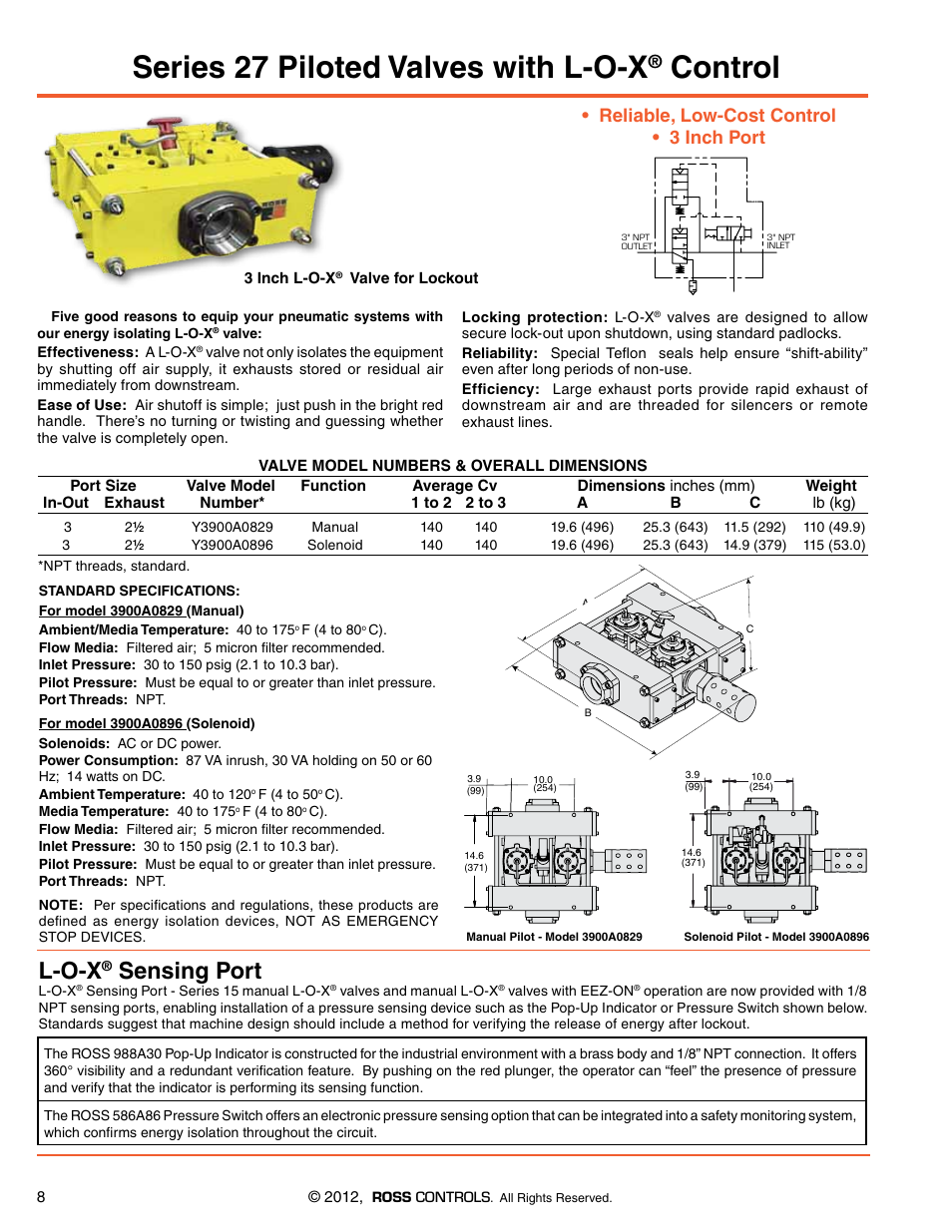Series 27 piloted valves with l-o-x control, Series 27 piloted valves with l-o-x, Control | L-o-x, Sensing port, Reliable, low-cost control • 3 inch port | Ross Controls RIGHT ANGLE User Manual | Page 8 / 20