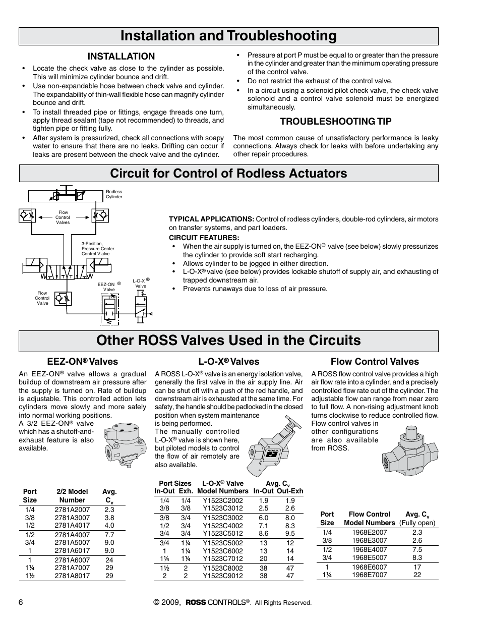 Installation and troubleshooting, Other ross valves used in the circuits, Circuit for control of rodless actuators | Installation, Troubleshooting tip, Eez-on, Valves, Flow control valves, L-o-x | Ross Controls 2_2 WAY WITH PRESSURE RELEASE SERIES 27 User Manual | Page 5 / 5