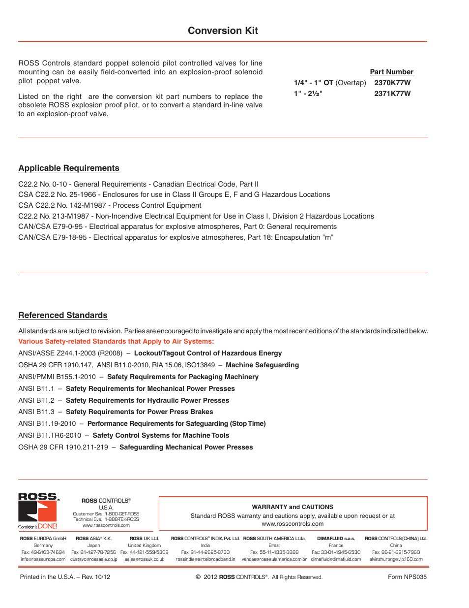Conversion kit, Referenced standards, Applicable requirements | Ross Controls EXPLOSION-PROOF VALVES SERIES 27 User Manual | Page 4 / 4