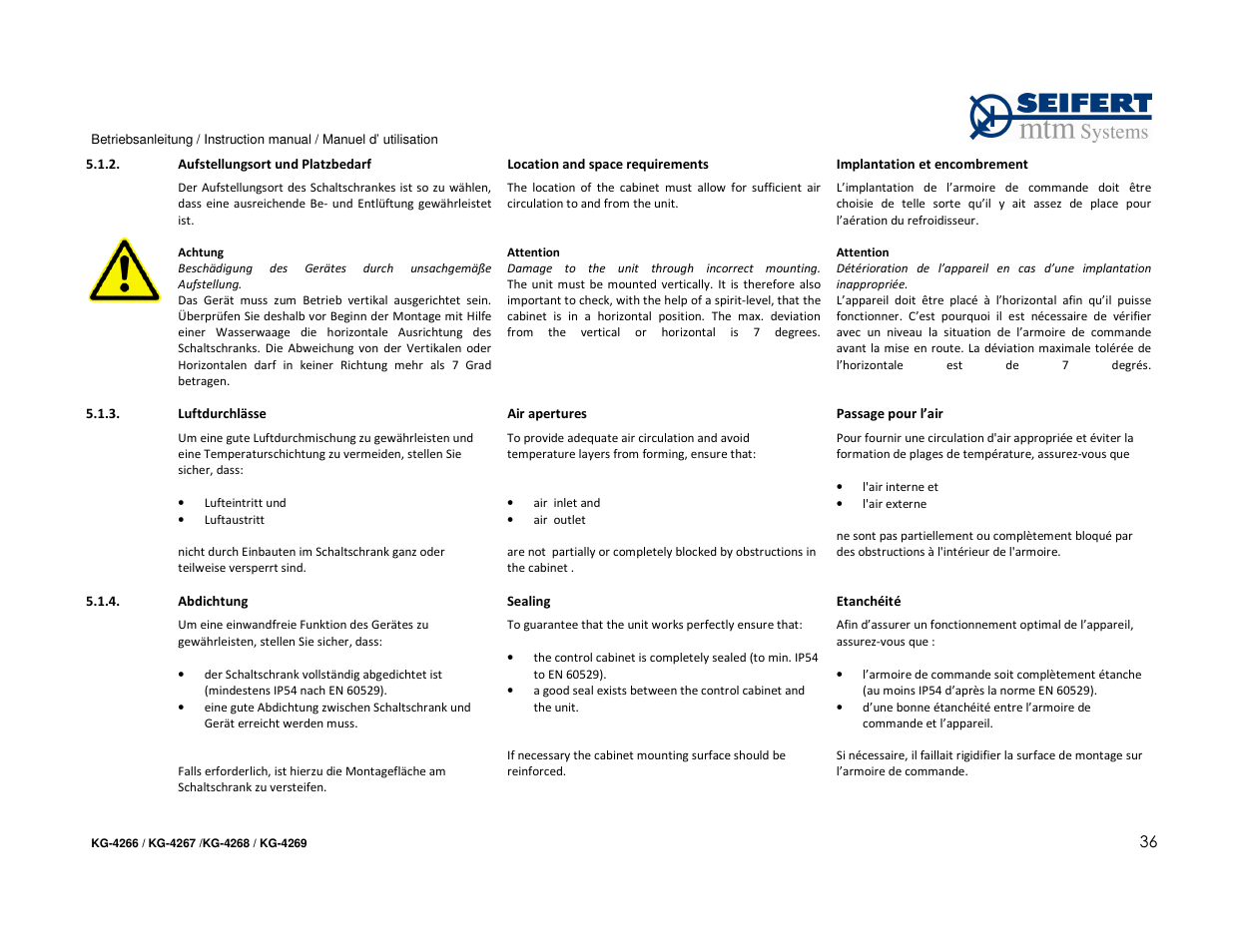 SEIFERT Filterless Control Cabinet Air Conditioner KG 4269-230V User Manual | Page 36 / 48