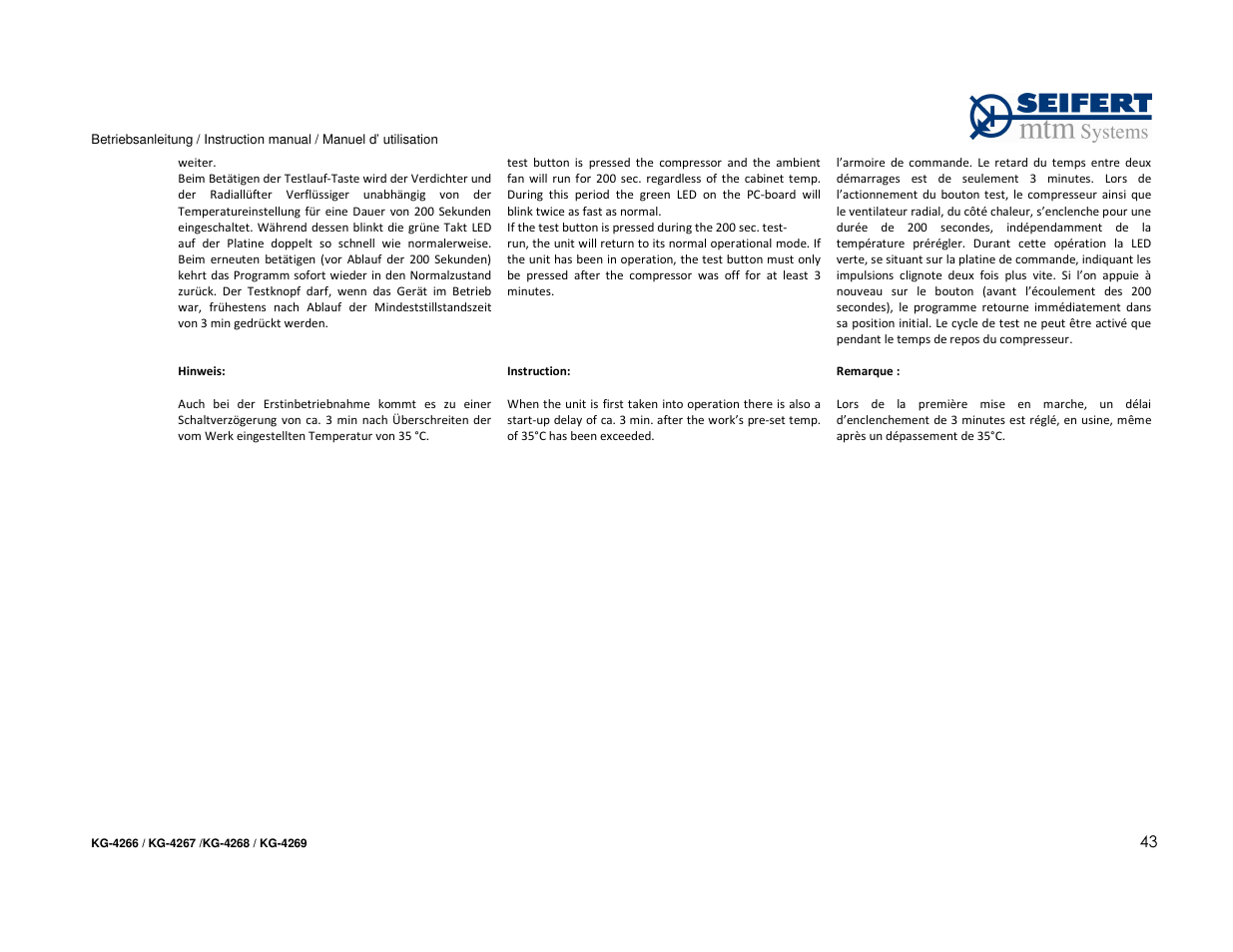 SEIFERT Filterless Control Cabinet Air Conditioner KG 4269-230V User Manual | Page 43 / 48