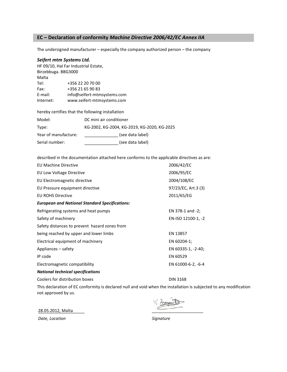 SEIFERT Variable Speed Air Conditioner KG 2025-24V User Manual | Page 2 / 24