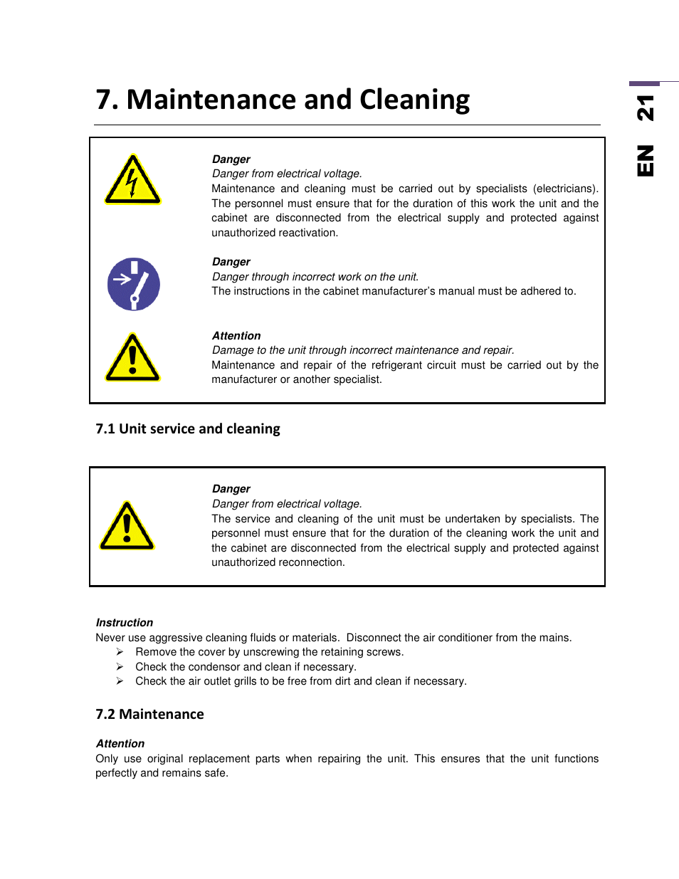 Maintenance and cleaning, En 2 1 | SEIFERT Variable Speed Air Conditioner KG 2025-24V User Manual | Page 21 / 24