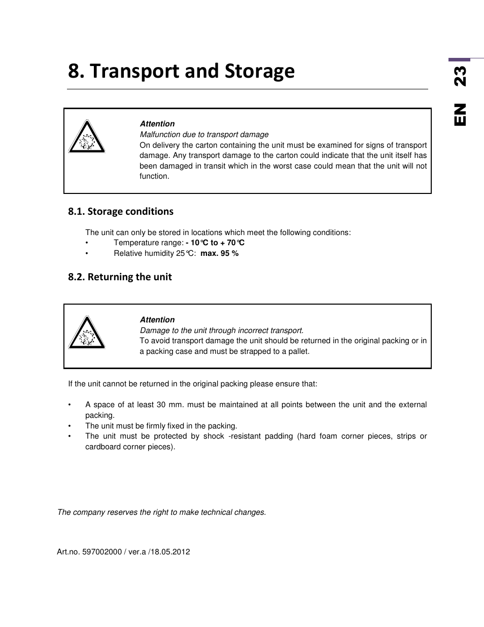 Transport and storage, En 2 3 | SEIFERT Variable Speed Air Conditioner KG 2025-24V User Manual | Page 23 / 24