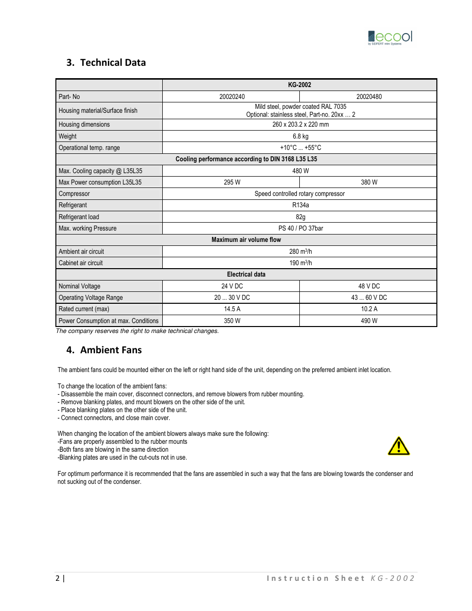 Technical data, Ambient fans | SEIFERT Variable Speed Air Conditioner KG 2002-24V User Manual | Page 2 / 4
