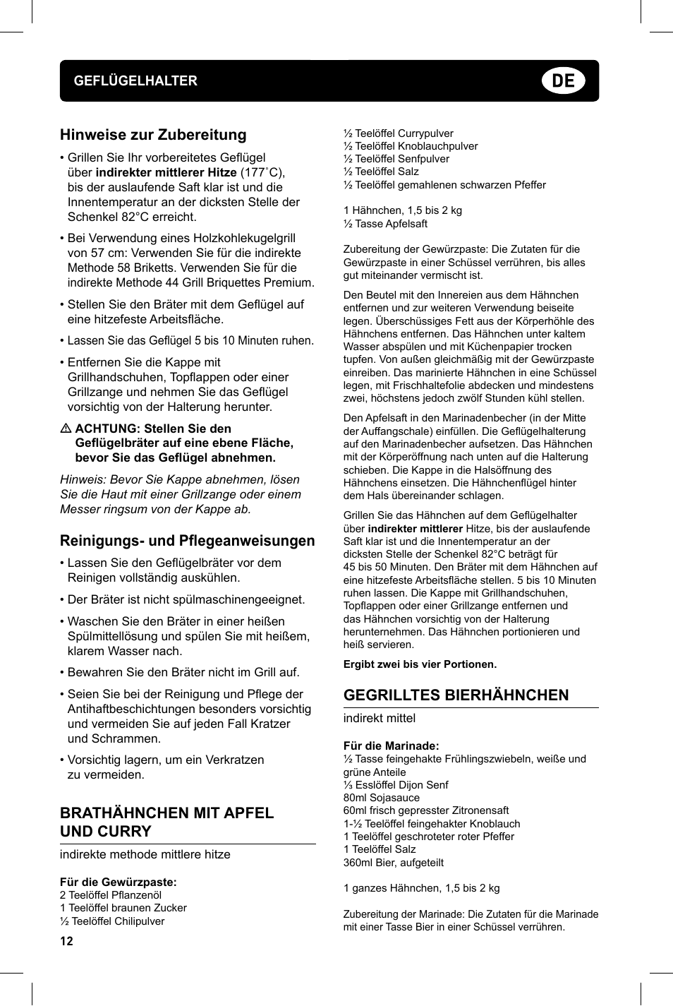 Hinweise zur zubereitung, Reinigungs- und pflegeanweisungen, Brathähnchen mit apfel und curry | Gegrilltes bierhähnchen | weber Geflugelhalter Weber Style User Manual | Page 12 / 68