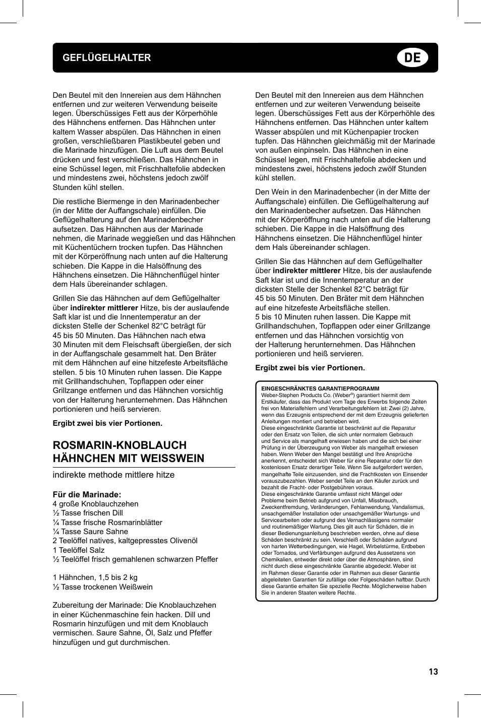 Rosmarin-knoblauch hähnchen mit weisswein, Geflügelhalter | weber Geflugelhalter Weber Style User Manual | Page 13 / 68
