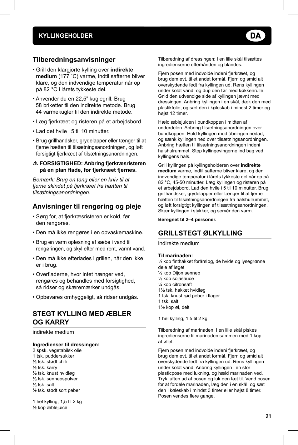 Tilberedningsanvisninger, Anvisninger til rengøring og pleje, Stegt kylling med æbler og karry | Grillstegt ølkylling | weber Geflugelhalter Weber Style User Manual | Page 21 / 68