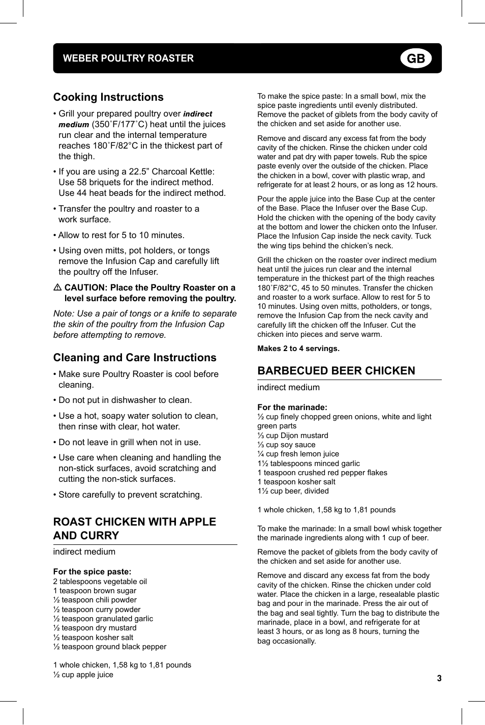 Cooking instructions, Cleaning and care instructions, Roast chicken with apple and curry | Barbecued beer chicken | weber Geflugelhalter Weber Style User Manual | Page 3 / 68