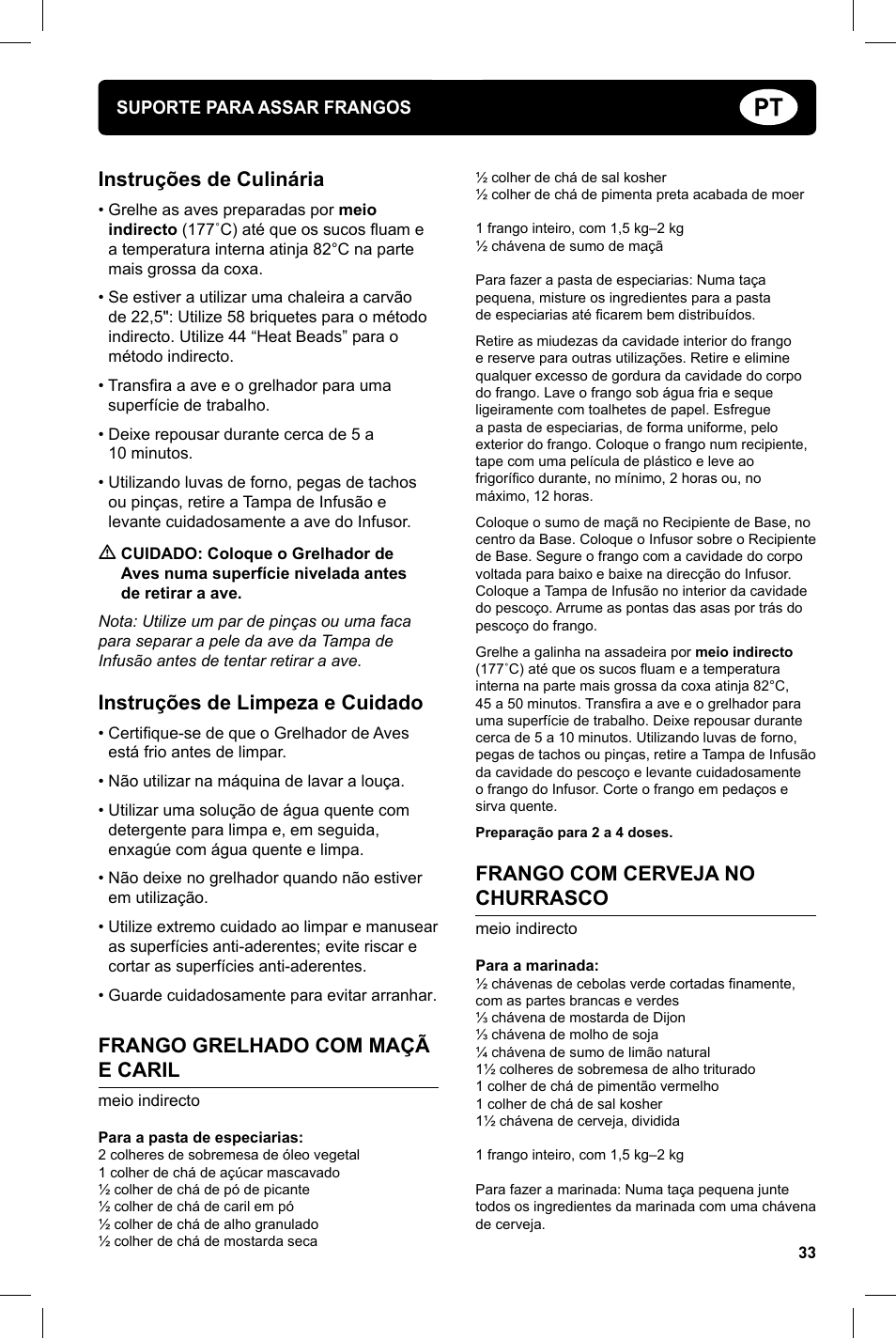 Instruções de culinária, Instruções de limpeza e cuidado, Frango grelhado com maçã e caril | Frango com cerveja no churrasco | weber Geflugelhalter Weber Style User Manual | Page 33 / 68