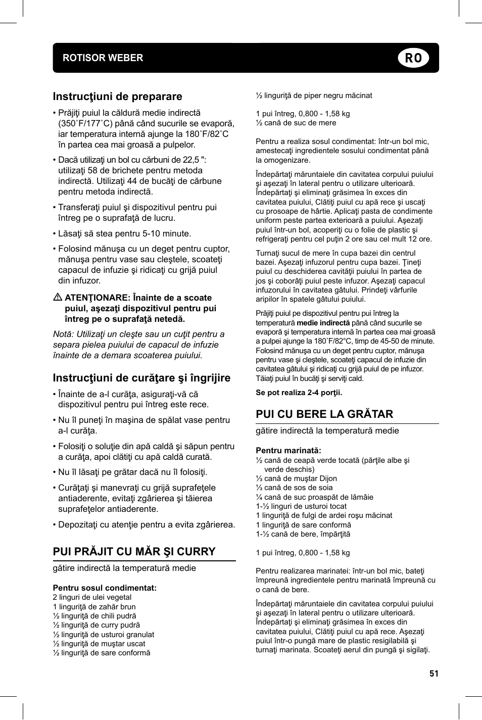 Instrucţiuni de preparare, Instrucţiuni de curăţare şi îngrijire, Pui prăjit cu măr şi curry | Pui cu bere la grătar | weber Geflugelhalter Weber Style User Manual | Page 51 / 68