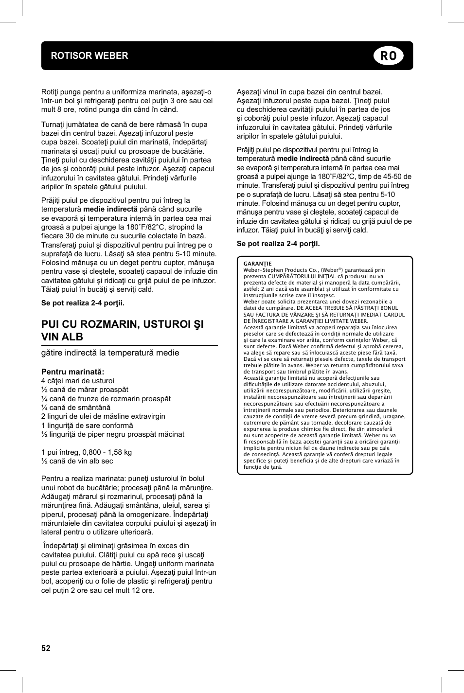 Pui cu rozmarin, usturoi şi vin alb, Rotisor weber, Gătire indirectă la temperatură medie | weber Geflugelhalter Weber Style User Manual | Page 52 / 68