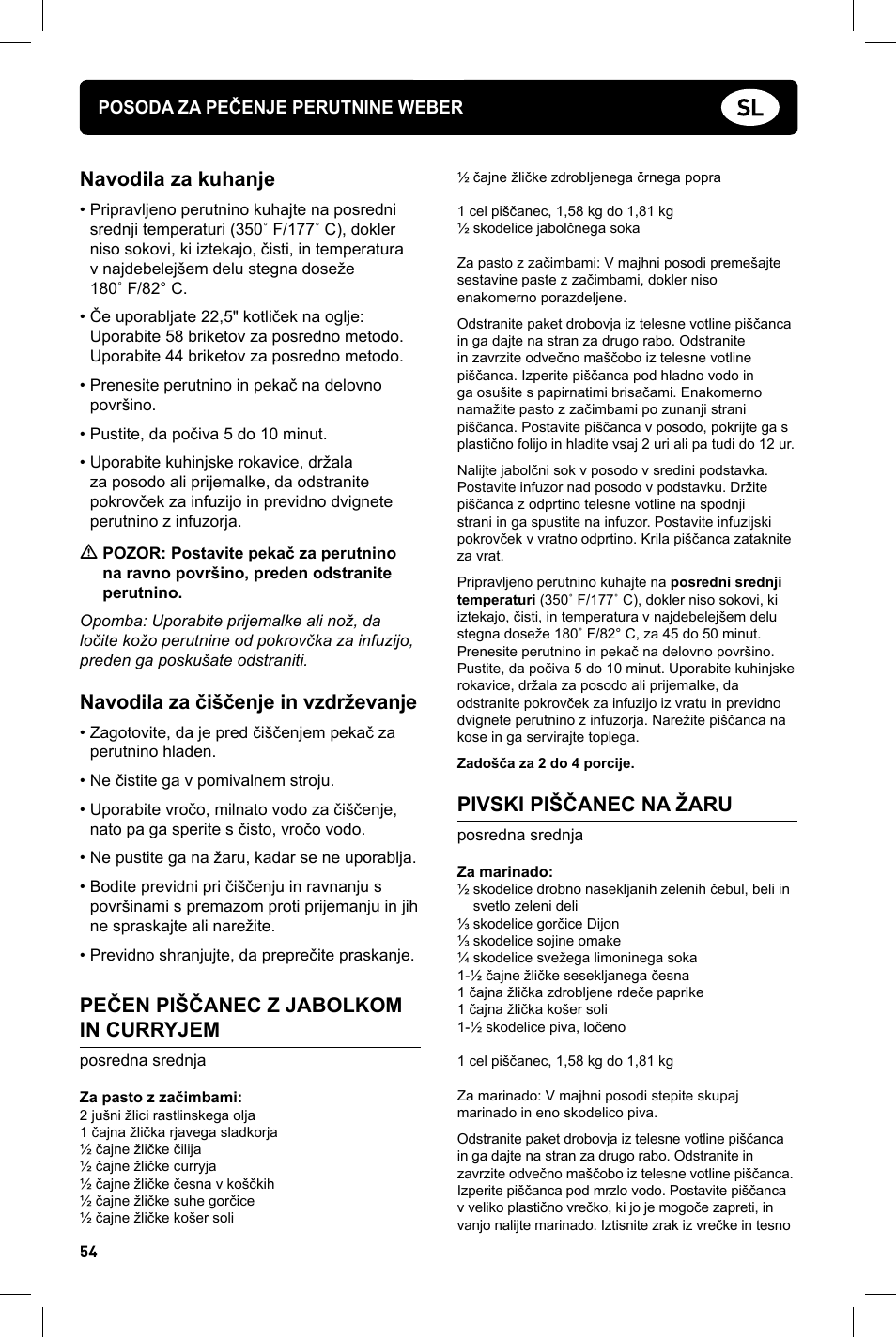 Navodila za kuhanje, Navodila za čiščenje in vzdrževanje, Pečen piščanec z jabolkom in curryjem | Pivski piščanec na žaru | weber Geflugelhalter Weber Style User Manual | Page 54 / 68