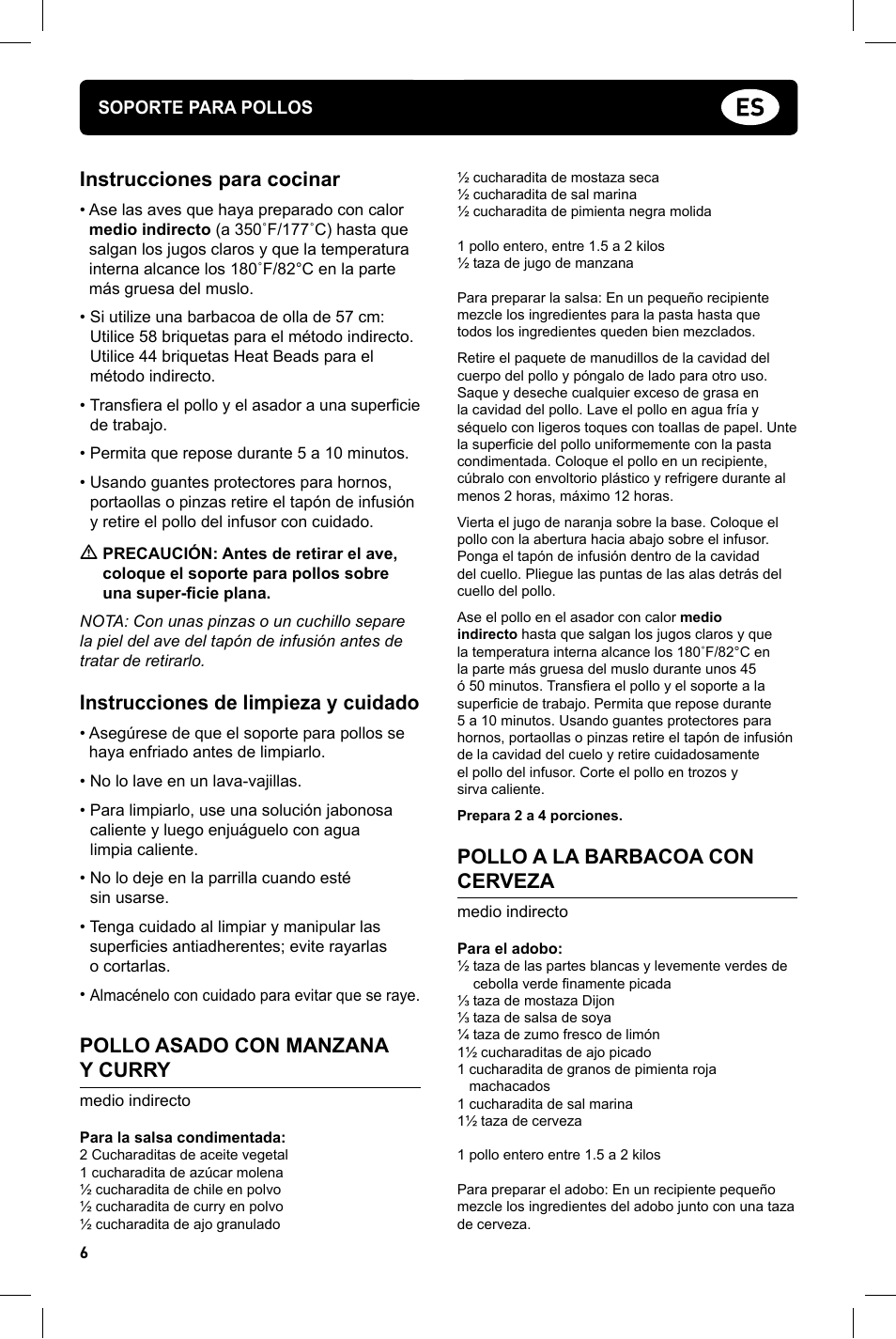 Instrucciones para cocinar, Instrucciones de limpieza y cuidado, Pollo asado con manzana y curry | Pollo a la barbacoa con cerveza | weber Geflugelhalter Weber Style User Manual | Page 6 / 68