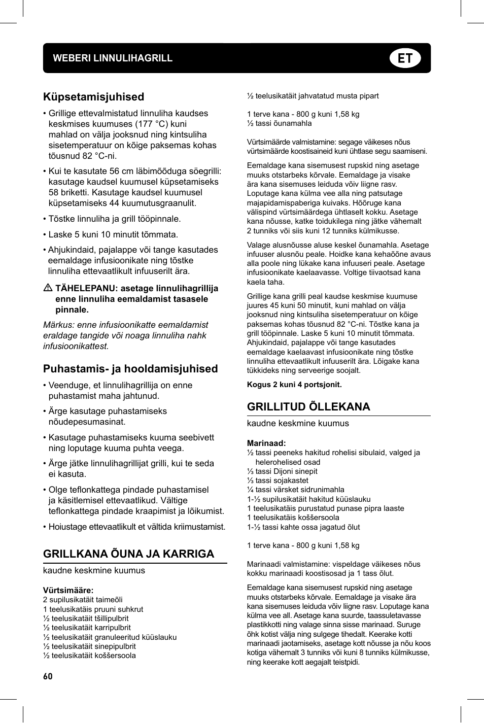Küpsetamisjuhised, Puhastamis- ja hooldamisjuhised, Grillkana õuna ja karriga | Grillitud õllekana | weber Geflugelhalter Weber Style User Manual | Page 60 / 68