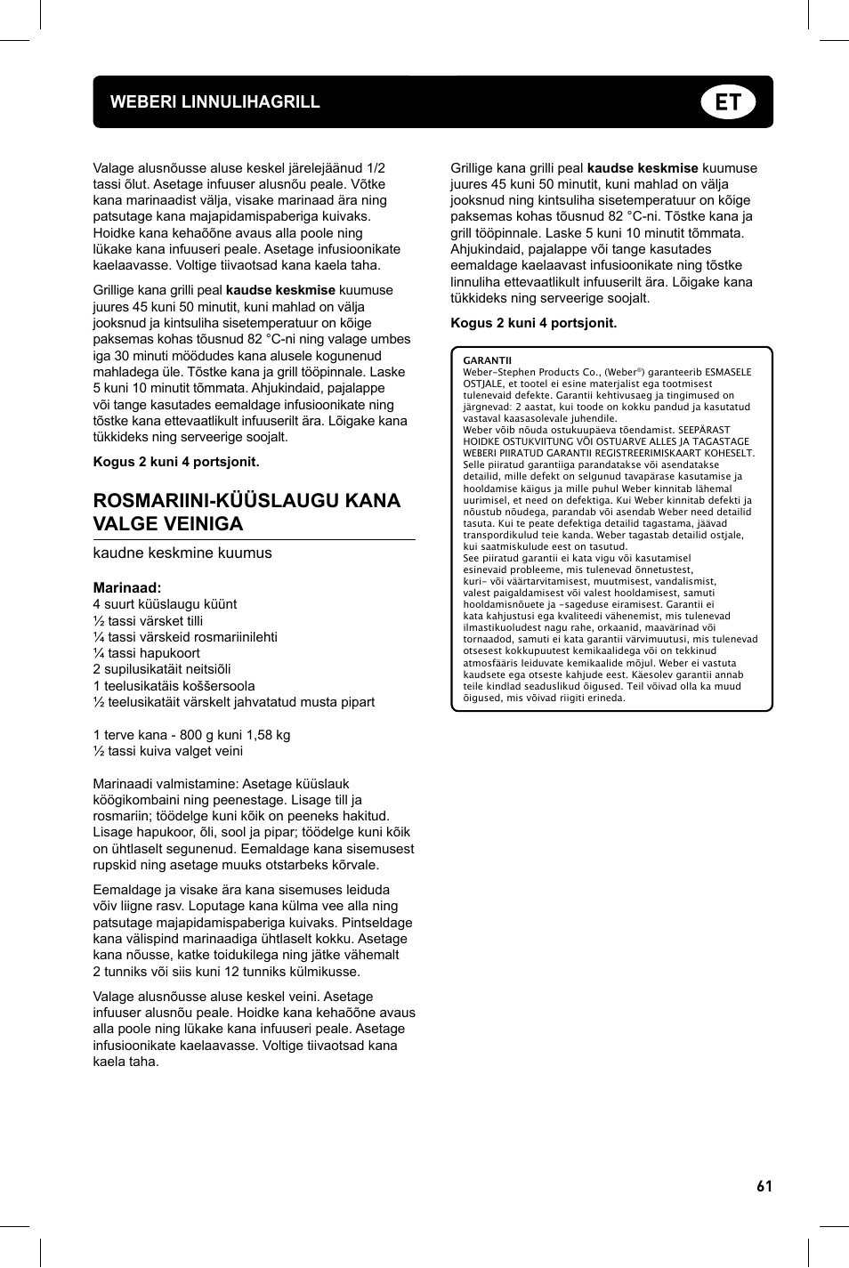 Rosmariini-küüslaugu kana valge veiniga, Weberi linnulihagrill, Kaudne keskmine kuumus | weber Geflugelhalter Weber Style User Manual | Page 61 / 68