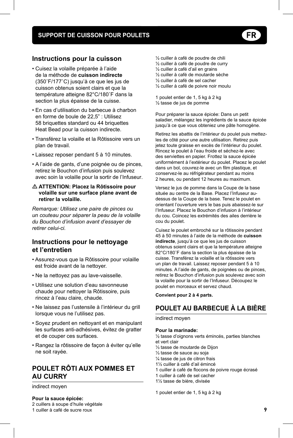 Instructions pour la cuisson, Instructions pour le nettoyage et l’entretien, Poulet rôti aux pommes et au curry | Poulet au barbecue à la bière | weber Geflugelhalter Weber Style User Manual | Page 9 / 68