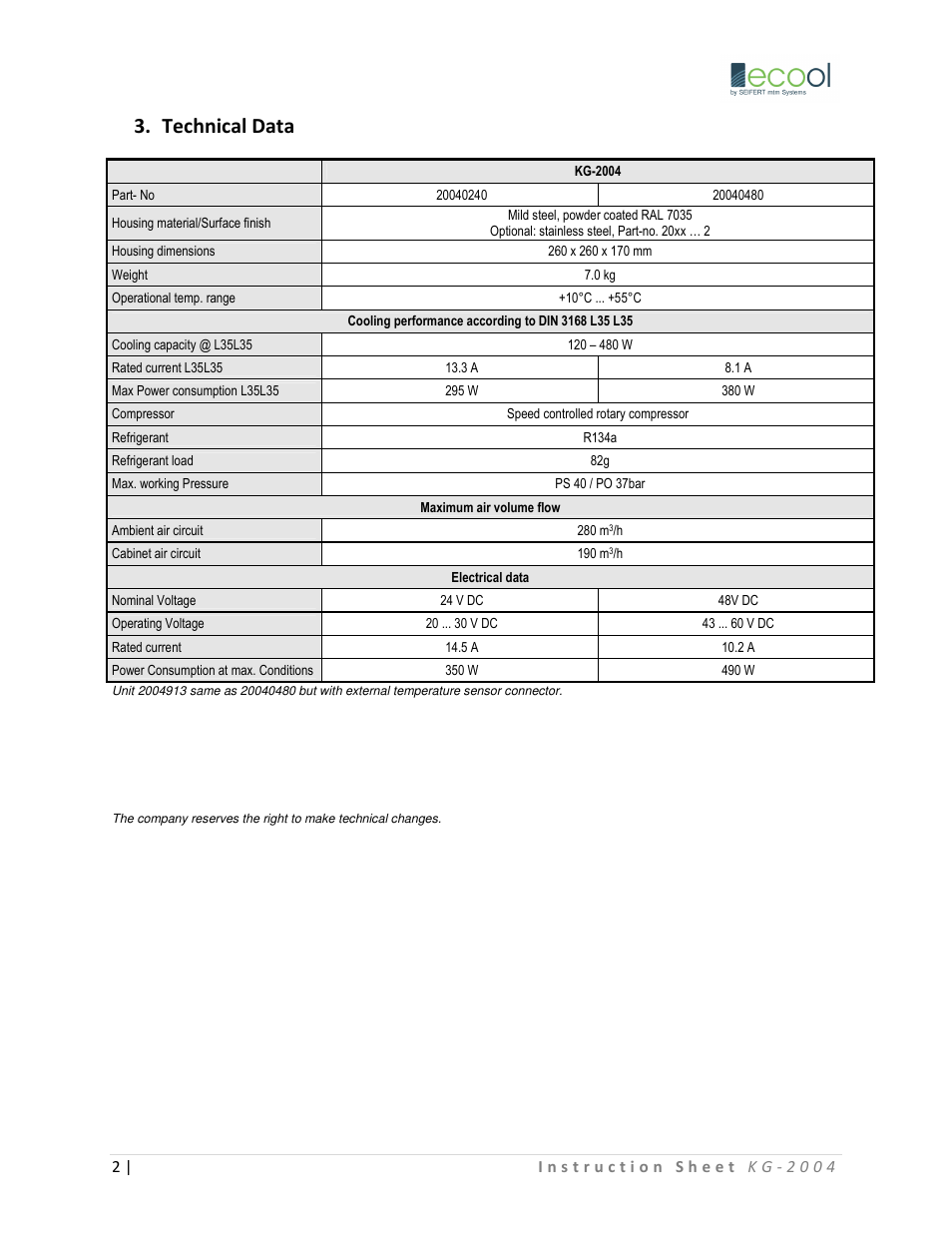 Technical data | SEIFERT Variable Speed Air Conditioner KG 2004-24V User Manual | Page 2 / 4