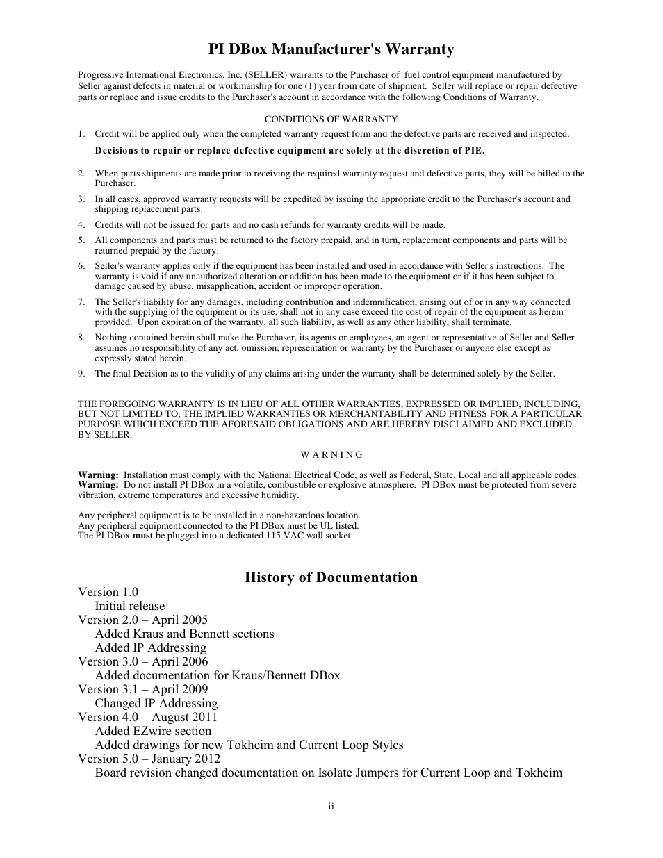 Pi dbox manufacturer's warranty, History of documentation | Progressive International Electronics EZ Wire DBox User Manual | Page 4 / 35